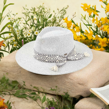 Load image into Gallery viewer, Gray Panama Hat with Geometric Trim Band and Tassel
