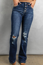 Load image into Gallery viewer, Dark Washed Distressed Flare Bottom Jeans
