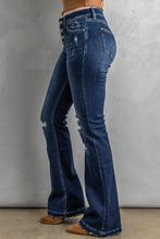 Load image into Gallery viewer, Dark Washed Distressed Flare Bottom Jeans
