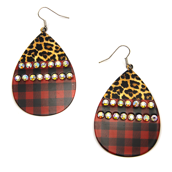 Tear Drop Rhinestone Buffalo Plaid/ Leopard Earrings