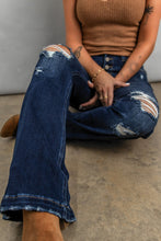 Load image into Gallery viewer, Dark Washed Distressed Flare Bottom Jeans
