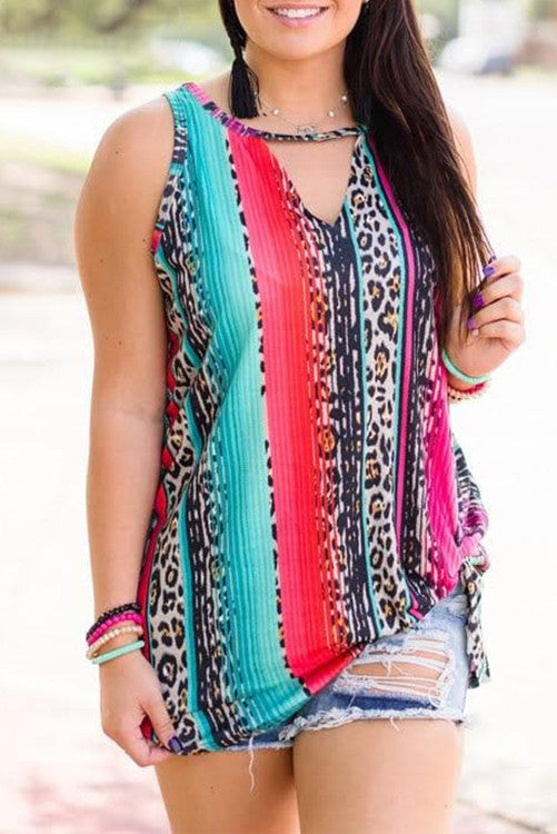 Multicolor Plus Size Serape Leopard Keyhole Tank Top