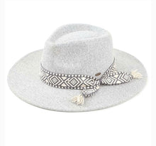 Load image into Gallery viewer, Gray Panama Hat with Geometric Trim Band and Tassel
