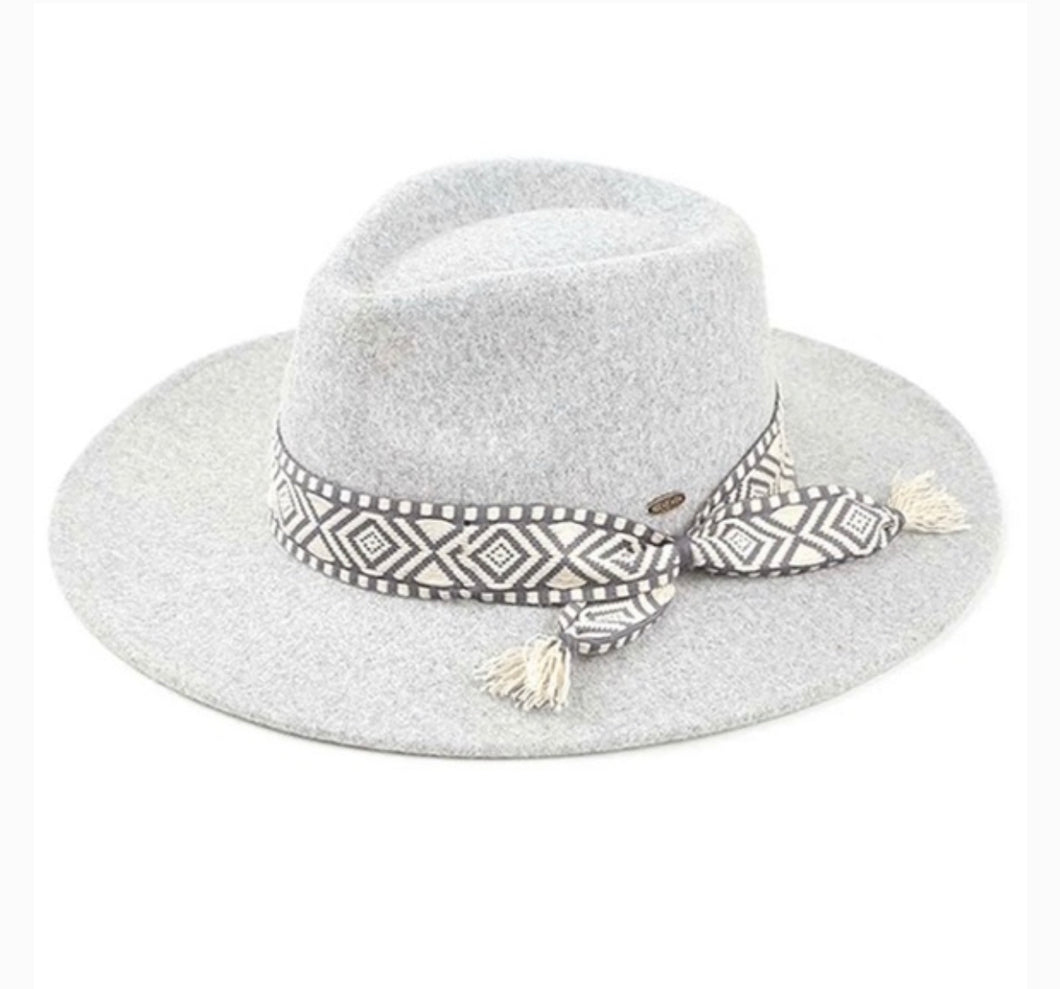 Gray Panama Hat with Geometric Trim Band and Tassel