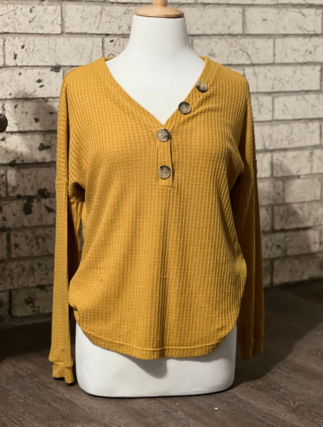 Waffle knit mustard tops long sleeve