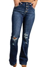 Load image into Gallery viewer, Dark Washed Distressed Flare Bottom Jeans
