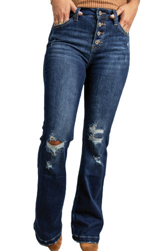 Dark Washed Distressed Flare Bottom Jeans